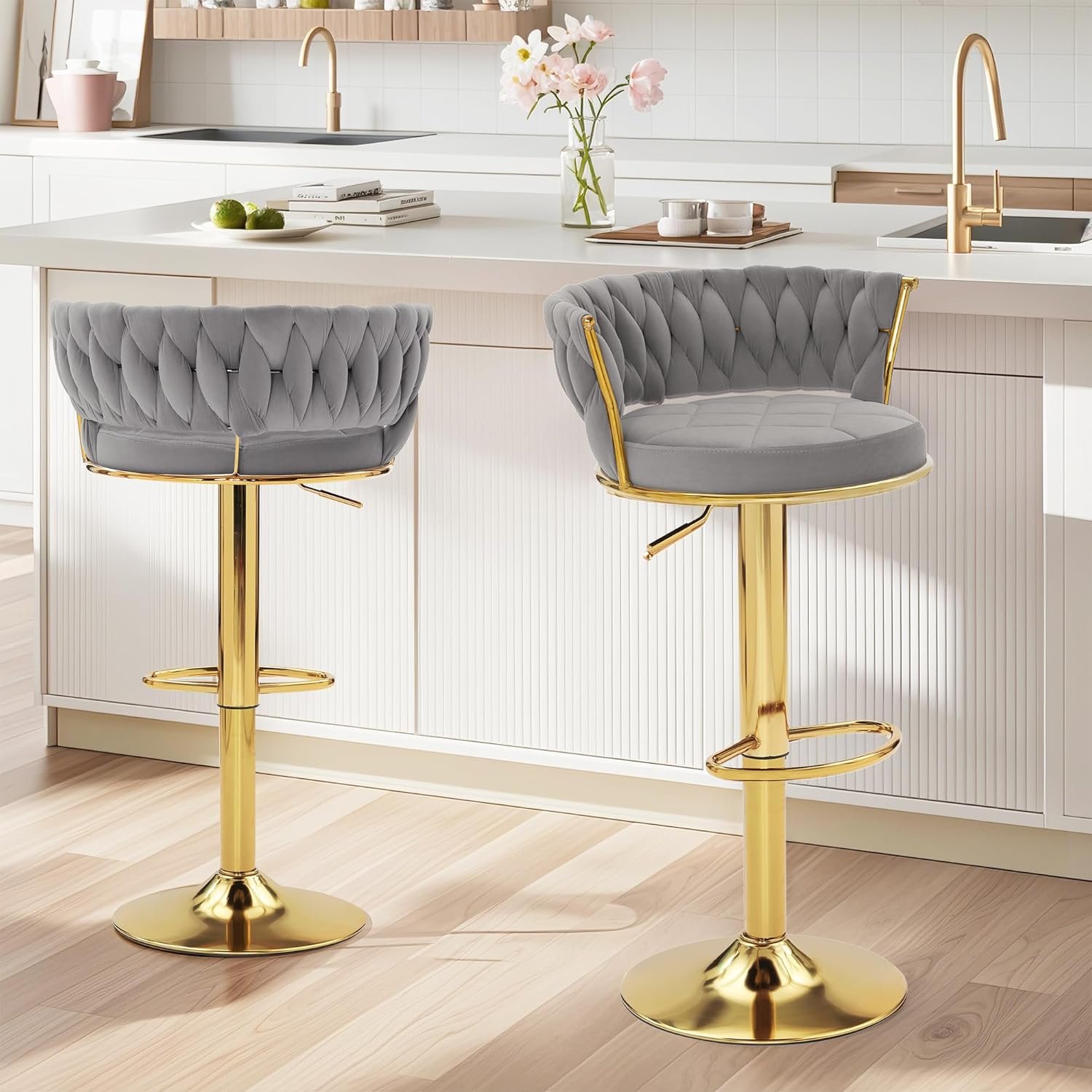VC12G Bar Stool - VECELO STORE Grey and Gold Luxury Counter Chair Two VC12G bar stool by VECELO STORE arranged along a modern white kitchen island breakfast counter.