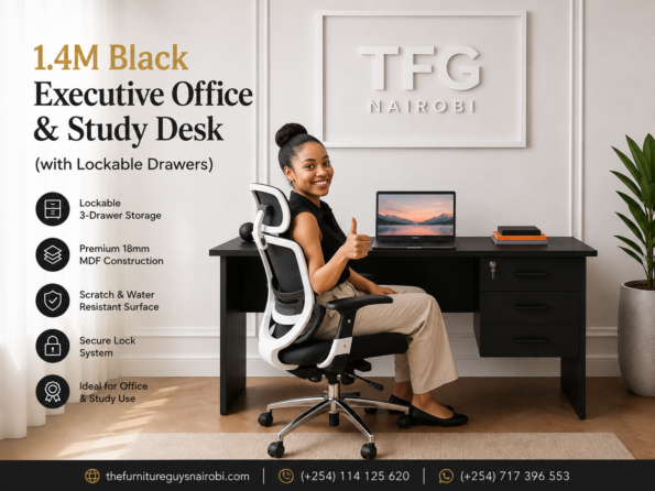 A lifestyle infographic cover for the 1.4m Black Executive Desk Nairobi by TFG Nairobi on Muthithi Road, Westlands, showing a smiling female executive giving a thumbs-up.