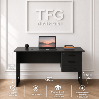 A product dimension infographic for the 140cm Black Executive Desk Nairobi by TFG Nairobi detailing length, width, height, and MDF specifications in Westlands.