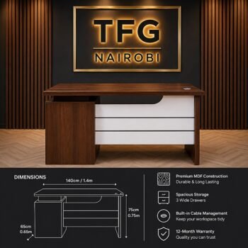 1.4M Executive Office Desk dimension diagram showing 140cm length, 65cm depth, 75cm height, 3 storage drawers, cable management, and MDF specs by TFG Nairobi