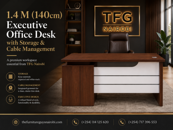 1.4M Executive Office Desk feature banner highlighting storage drawers, cable management grommet, and executive design by TFG Nairobi