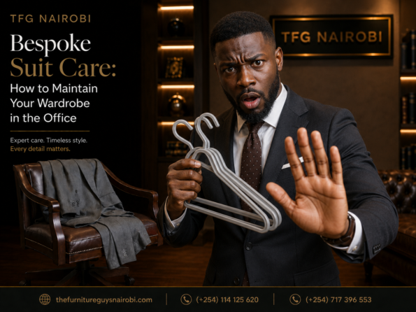 An executive in Nairobi gesturing stop while holding cheap gray plastic hangers next to a suit draped on an office chair at TFG Nairobi in Kitisuru, Mwamuto, Nairobi.