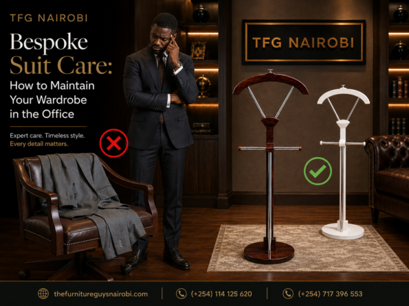 An executive standing next to a suit jacket draped on a leather office chair marked with a red X compared to the Royal Executive Suit Valet Stands in Walnut and White marked with a green checkmark at TFG Nairobi in Kitisuru, Mwamuto, Nairobi.