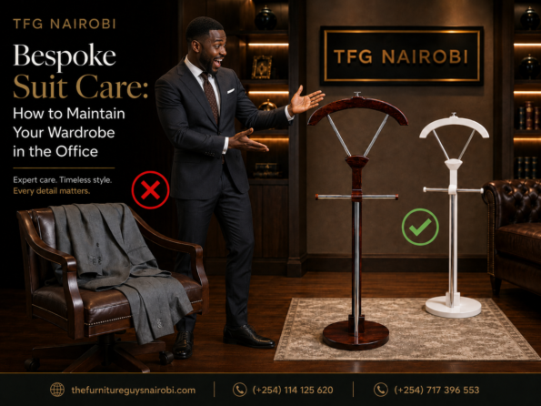 A joyful corporate executive gesturing happily toward the Royal Executive Suit Valet Stands in Walnut and White finishes by TFG Nairobi in Kitisuru, Mwamuto, Nairobi.