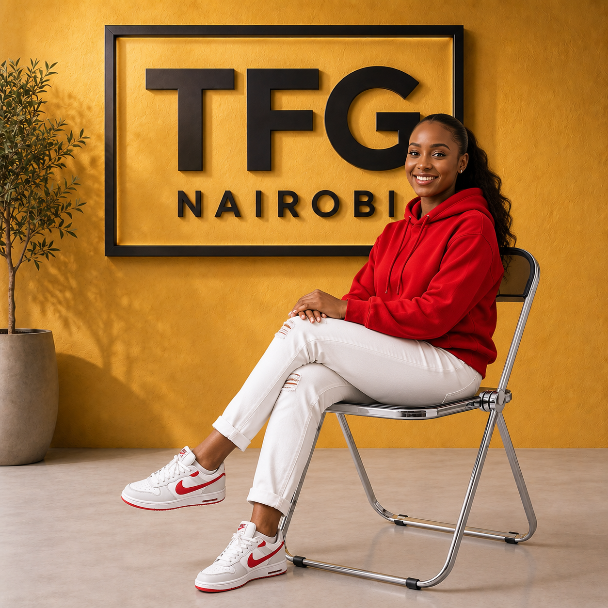 Model on Black Acrylic Folding Chair in Kahawa Sukari, Nairobi Showroom A woman sitting comfortably on a modern Black Acrylic Folding Chair with Chrome Frame at Bungoma Road, 5th Avenue, Kahawa Sukari, Nairobi, with the TFG Nairobi brand sign.