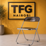 Black Acrylic Folding Chair with space-saving chrome frame on display at TFG Nairobi