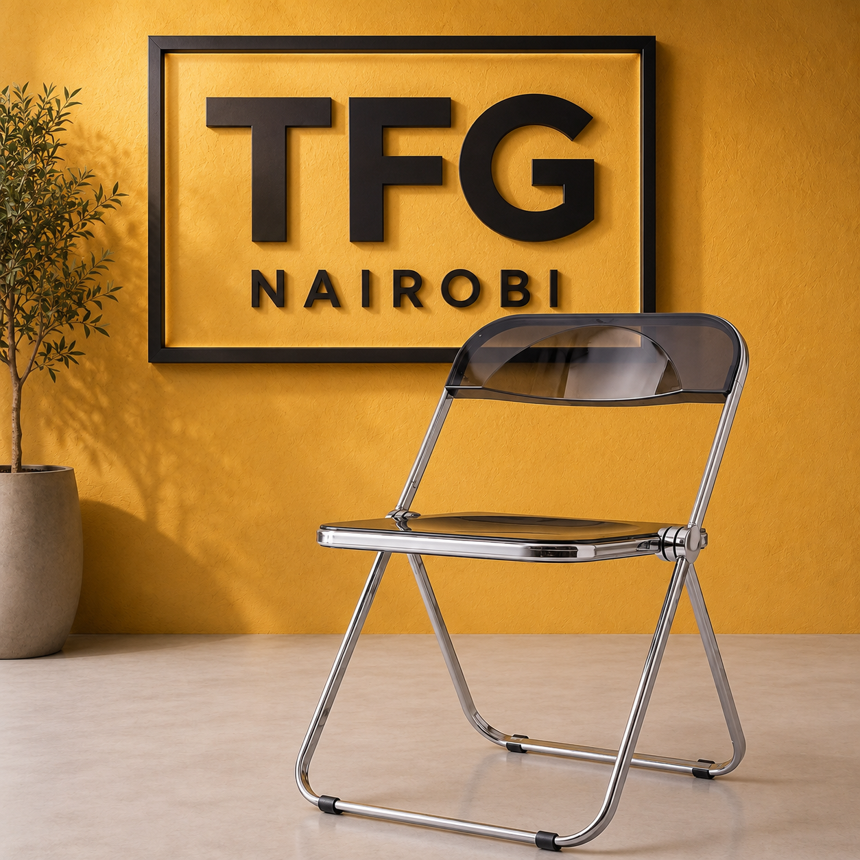 Black Acrylic Folding Chair - TFG Nairobi Black Acrylic Folding Chair with space-saving chrome frame on display at TFG Nairobi