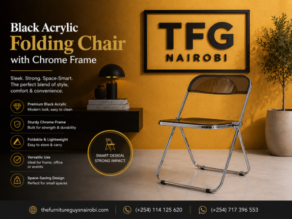 Black Acrylic Folding Chair with Chrome Frame promotional banner detailing space-smart features by TFG Nairobi.