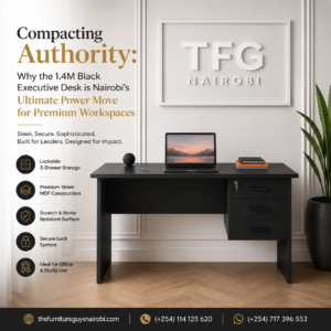 Premium 1.4m matte black executive desk Nairobi by TFG Nairobi featured in a luxury home office workspace setup on Muthithi Road, Westlands.
