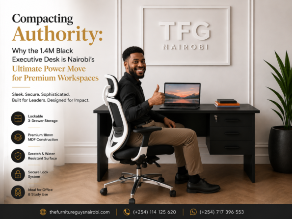 A professional man gives a 'thumbs up' approval while working at the 1.4m matte Black Executive Desk Nairobi by TFG Nairobi, in a premium home office workspace on Muthithi Road, Westlands. The graphic highlights the desk's key features.