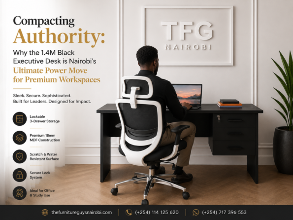 A professional working at the 1.4m matte black executive desk Nairobi by TFG Nairobi in a premium home office setup on Muthithi Road, Westlands.
