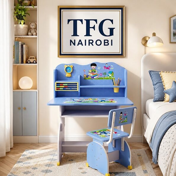 Blue Kids Desk and Chair Set eco-friendly children's study table staged in Kahawa Sukari Nairobi by TFG Nairobi