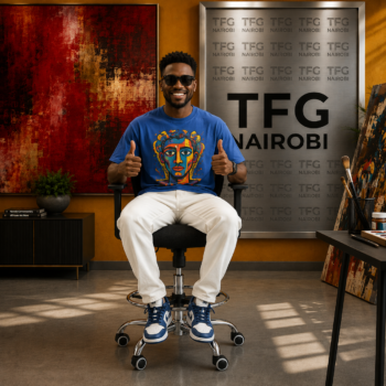 Artist giving double thumbs up approval seated on the Apex ergonomic drafting chair with footring in Kileleshwa Nairobi by TFG Nairobi
