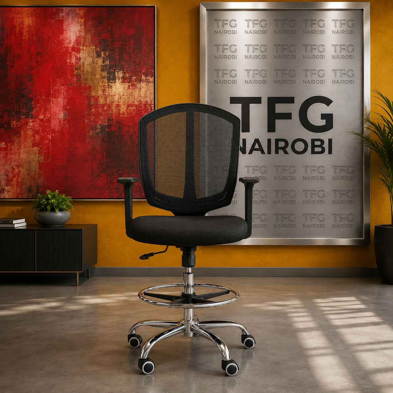 Apex Ergonomic Drafting Chair - Black Mesh Kileleshwa Studio Setup Apex ergonomic drafting chair in black mesh featuring an adjustable chrome footring and built-in lumbar support at an artist studio in Kileleshwa Nairobi by TFG Nairobi