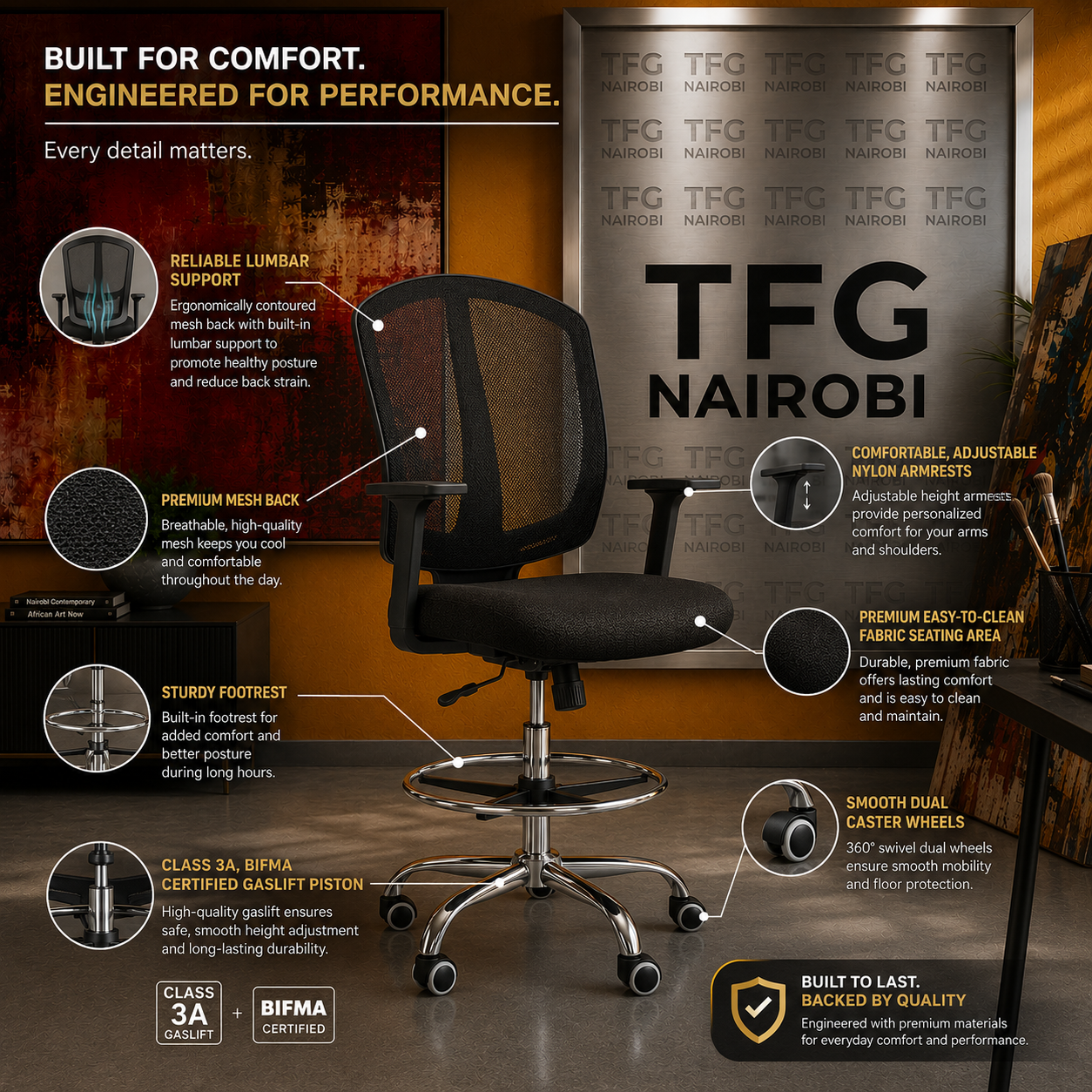 Apex Ergonomic Drafting Chair - Technical Features Infographic Kileleshwa Technical feature callout graphic of the Apex ergonomic drafting chair in black mesh showing lumbar support, BIFMA certified gas lift piston, adjustable armrests, and footring at a studio in Kileleshwa Nairobi by TFG Nairobi