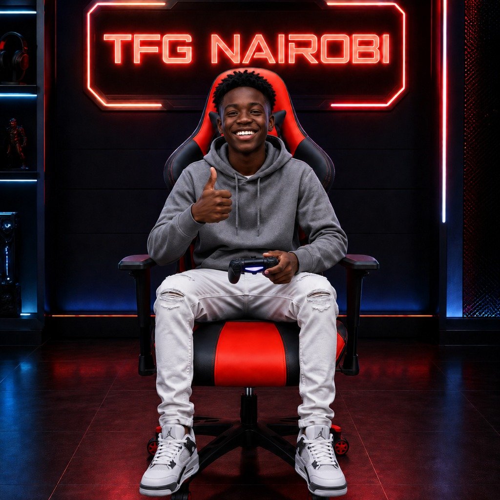 Ergonomic Gaming Chair - Customer Approval Shot Lavington A happy client gives a thumbs-up approval while sitting in the Furgle F-041A Ergonomic Gaming Chair in a premium studio workspace on Mbaazi Road, Lavington, Nairobi by TFG Nairobi.