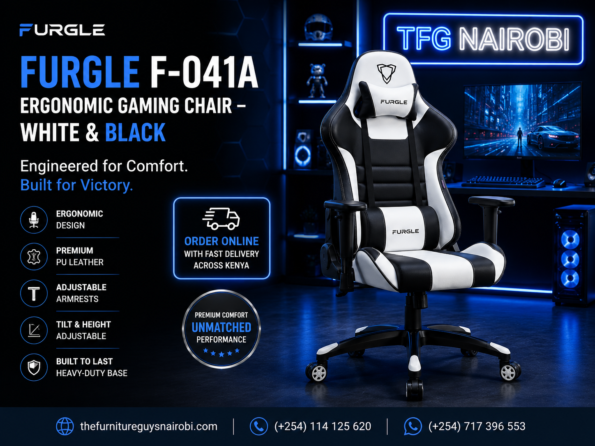FURGLE F-041A Ergonomic Gaming Chair promotional banner graphic in white and black featuring key benefits and order details by TFG Nairobi