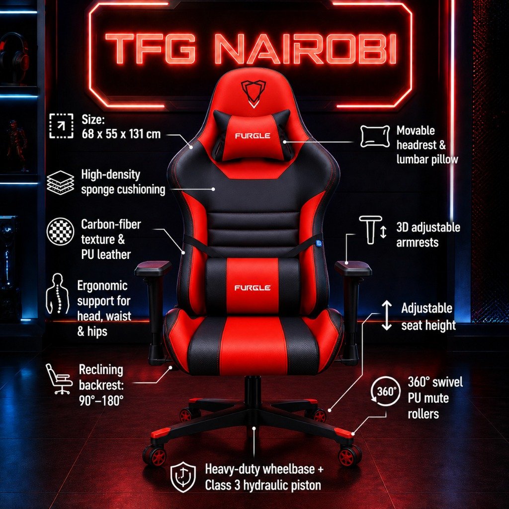 Ergonomic Gaming Chair - Furgle F-041A Features Infographic An infographic illustration showing structural details of the Furgle F-041A Ergonomic Gaming Chair in red and black, staged on Mbaazi Road, Lavington, Nairobi by TFG Nairobi.