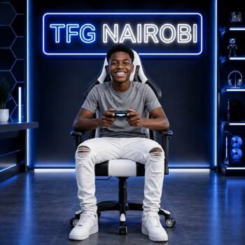 Gamer smiling and holding controller sitting on the FURGLE F-041A Ergonomic Gaming Chair in white and black in a TFG Nairobi gaming setup