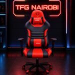 The premium Furgle F-041A Ergonomic Gaming Chair in red and black staged in a high-end gaming setup on Mbaazi Road, Lavington, Nairobi by TFG Nairobi.