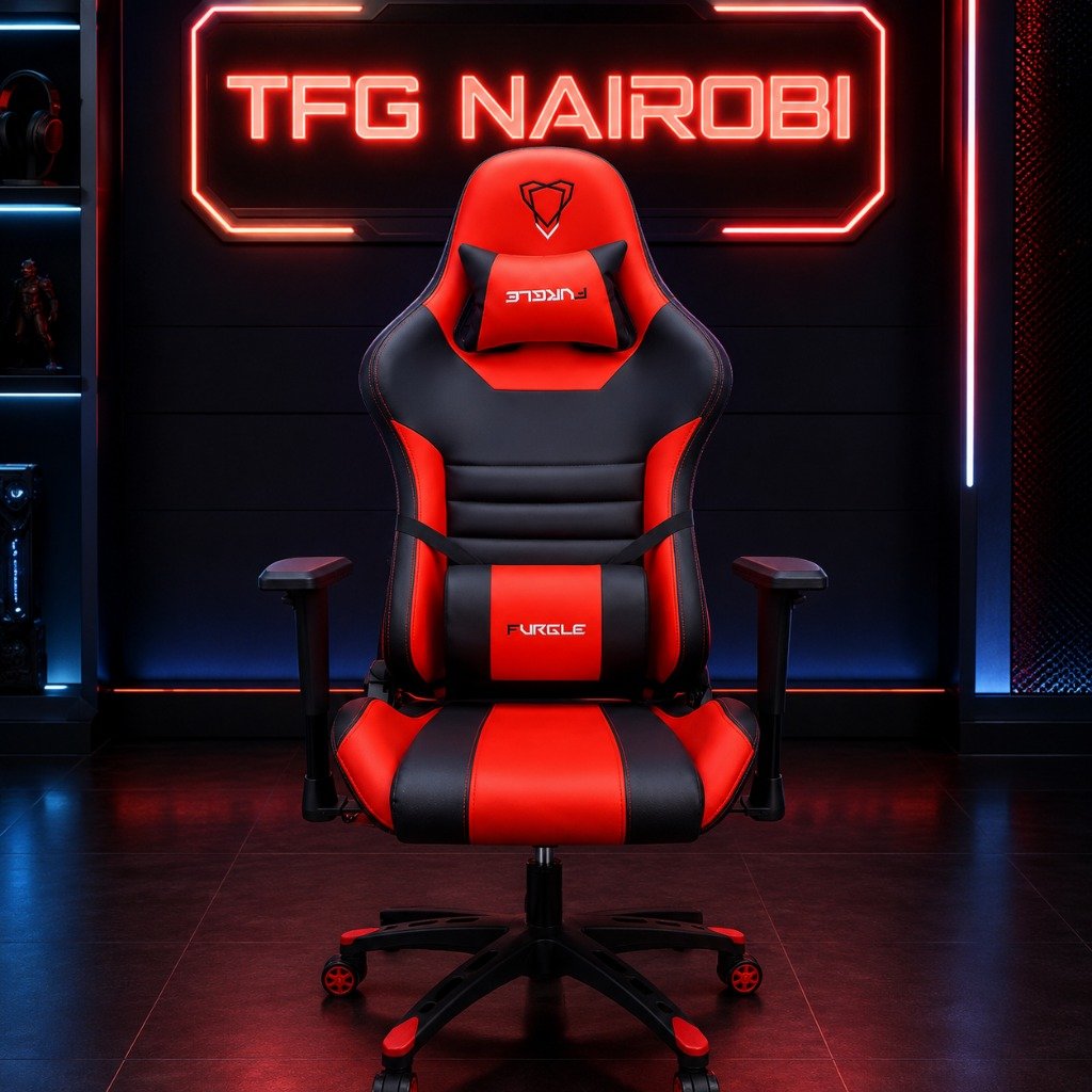 Ergonomic Gaming Chair - Furgle F-041A Lavington Edition The premium Furgle F-041A Ergonomic Gaming Chair in red and black staged in a high-end gaming setup on Mbaazi Road, Lavington, Nairobi by TFG Nairobi.