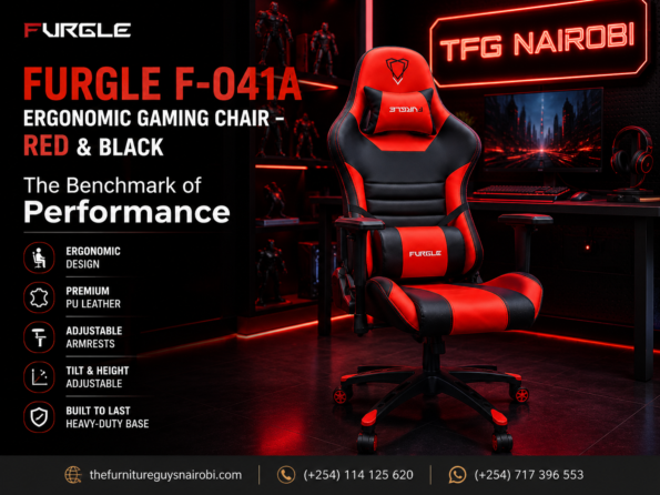 The premium Furgle F-041A Ergonomic Gaming Chair in red and black showcased alongside a professional desk setup on Mbaazi Road, Lavington, Nairobi by TFG Nairobi.