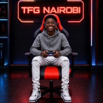 A happy client comfortably sits in the Red and Black Furgle F-041A Ergonomic Gaming Chair staged in a professional setup on Mbaazi Road, Lavington, Nairobi by TFG Nairobi.