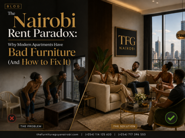 A side-by-side problem and solution graphic showing how to beat high furniture prices in Kenya with premium TFG Nairobi living room packages.