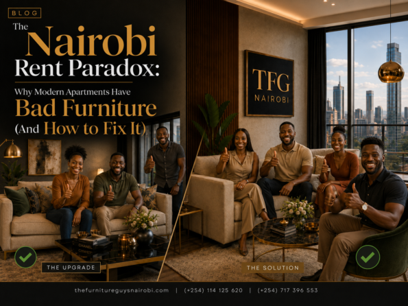 A lifestyle comparison showing smiling customers giving a thumbs-up for two winning TFG Nairobi living room designs, demonstrating smart ways to manage furniture prices in Kenya.