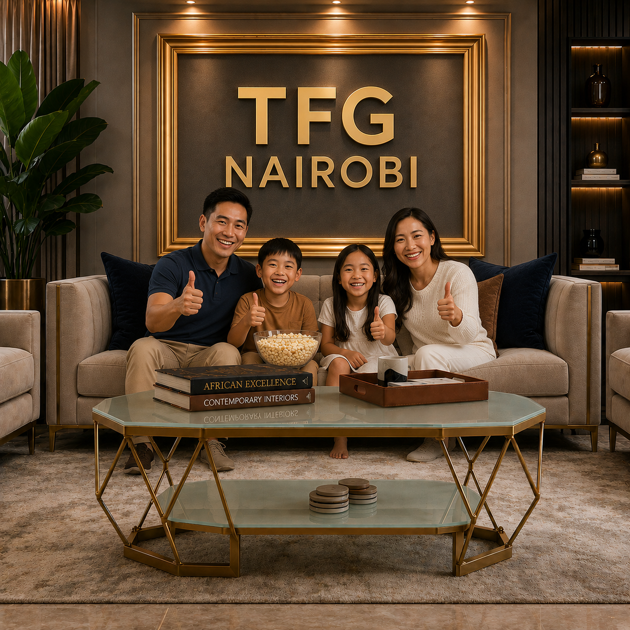Glass Top Gold Coffee Table - Family Client Approval Kilimani Setup Happy family giving thumbs up approval beside the Aurelia Glass Top Gold Coffee Table with geometric metal frame in Kilimani Nairobi by TFG Nairobi
