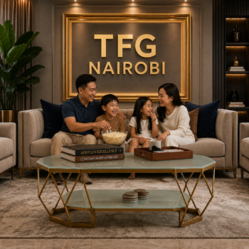 Family sharing snacks around the Aurelia Glass Top Gold Coffee Table featuring a luxury geometric frame and lower shelf in Kilimani Nairobi by TFG Nairobi