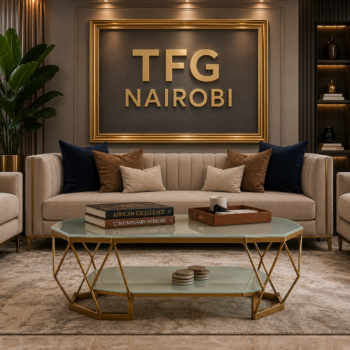 Aurelia Glass Top Gold Coffee Table featuring a luxury geometric frame, tempered glass surface, and lower tier display shelf in Kilimani Nairobi by TFG Nairobi