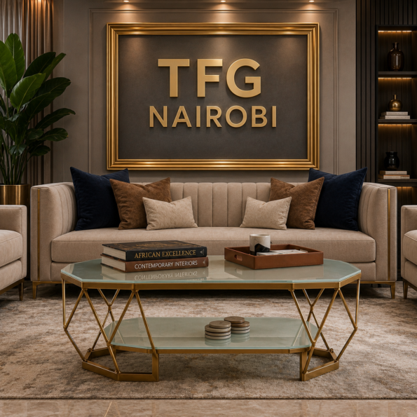 Aurelia Glass Top Gold Coffee Table featuring a luxury geometric frame, tempered glass surface, and lower tier display shelf in Kilimani Nairobi by TFG Nairobi