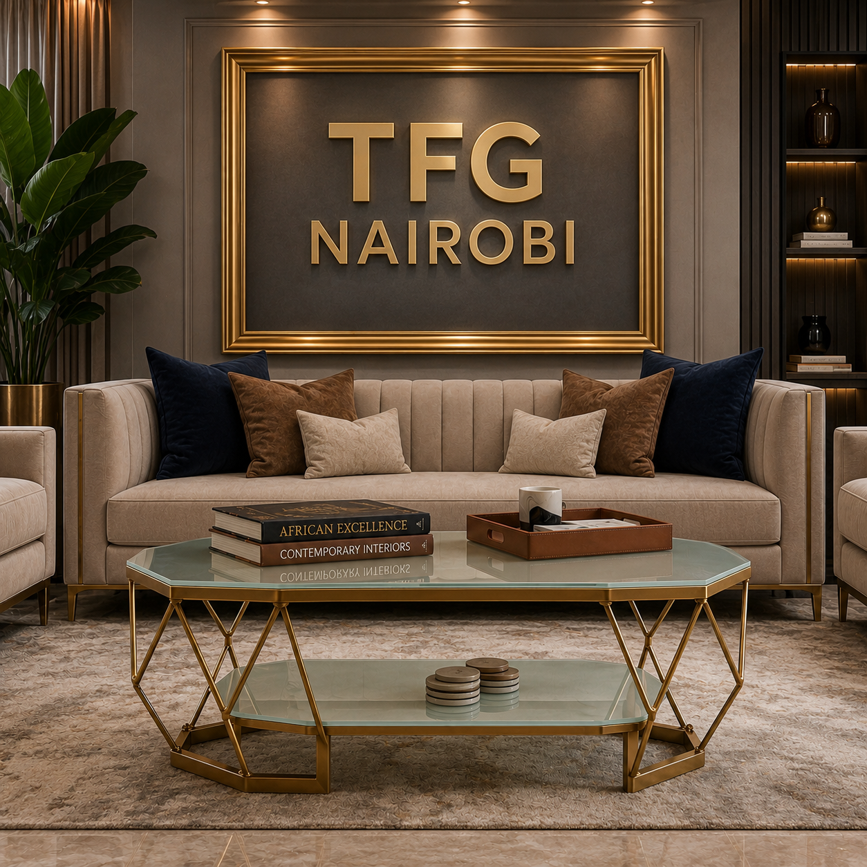 Glass Top Gold Coffee Table - Luxury Geometric Kilimani Setup Aurelia Glass Top Gold Coffee Table featuring a luxury geometric frame, tempered glass surface, and lower tier display shelf in Kilimani Nairobi by TFG Nairobi