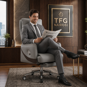 A smiling corporate professional sitting comfortably in the Slate Grey Presidential Executive Ergonomic Office Chair with Footrest by TFG Nairobi in a luxury office on Argwings Kodhek Road, Hurlingham.