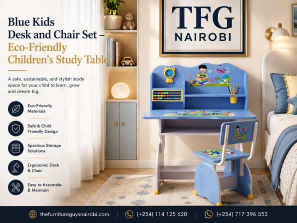 Banner highlighting Blue Kids Desk and Chair Set eco-friendly children's study table with TFG Nairobi branding and contact details
