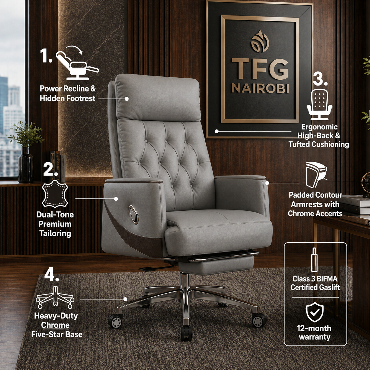 Specifications Infographic Executive Ergonomic Office Chair - Hurlingham Nairobi Infographic diagram detailing the Presidential Executive Ergonomic Office Chair with Footrest by TFG Nairobi, highlighting its power recline, tufted cushioning, chrome base, and Class 3 BIFMA gaslift in a Hurlingham office setup.