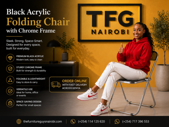 Promotional banner for the Black Acrylic Folding Chair with Chrome Frame featuring a happy customer giving a thumbs up, key product features, and delivery details for TFG Nairobi.