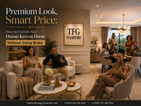 Smiling customers giving a thumbs up in an open-plan apartment styled with modern furniture in Nairobi by TFG Nairobi.