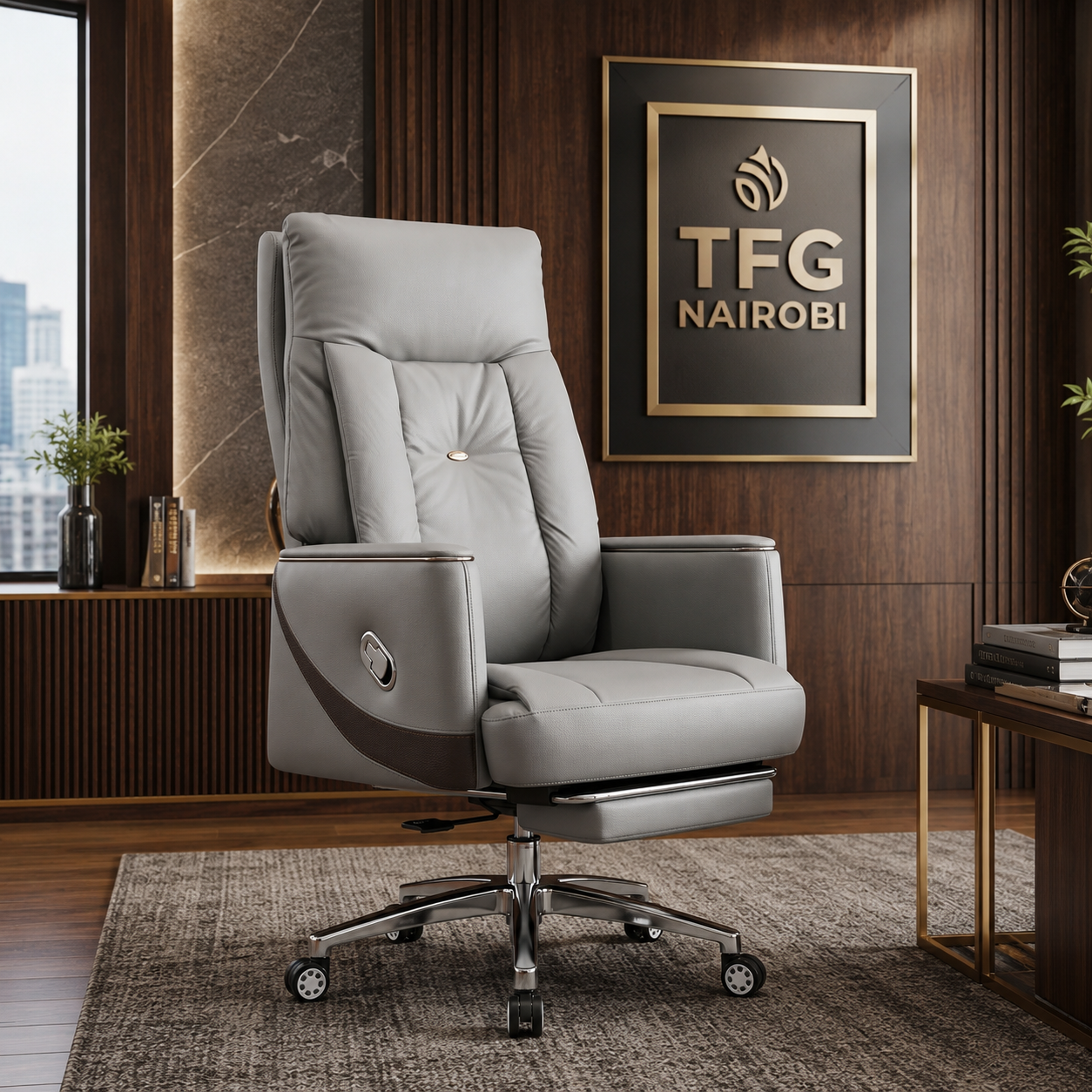 Presidential Executive Ergonomic Office Chair - Hurlingham Nairobi Slate Grey Presidential Executive Ergonomic Office Chair with Retractable Footrest by TFG Nairobi staged in a luxury corporate office on Argwings Kodhek Road, Hurlingham.