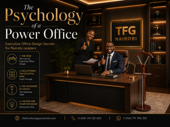 An infographic banner titled The Psychology of a Power Office by TFG Nairobi showing a smiling male and female executive giving a thumbs-up at a luxury wood desk in Upper Hill, Nairobi.