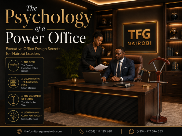 An infographic banner titled The Psychology of a Power Office by TFG Nairobi showing an executive at his luxury desk collaborating with a colleague in Upper Hill, Nairobi.