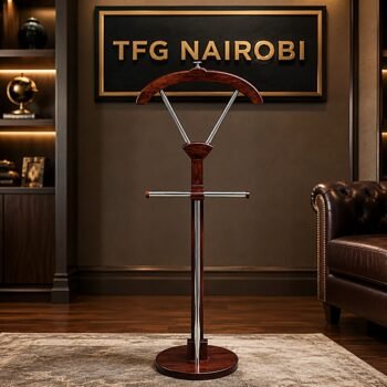 Royal Executive Wooden Suit Valet Stand in Classic Walnut finish displayed at a premium office showroom in Kitisuru, Mwamuto, Nairobi.