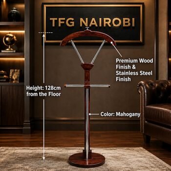 Infographic diagram of the Royal Executive Suit Valet Stand in Mahogany color showing product dimensions of 128cm height from the floor, premium wood and stainless steel finish at TFG Nairobi in Kitisuru, Mwamuto, Nairobi.