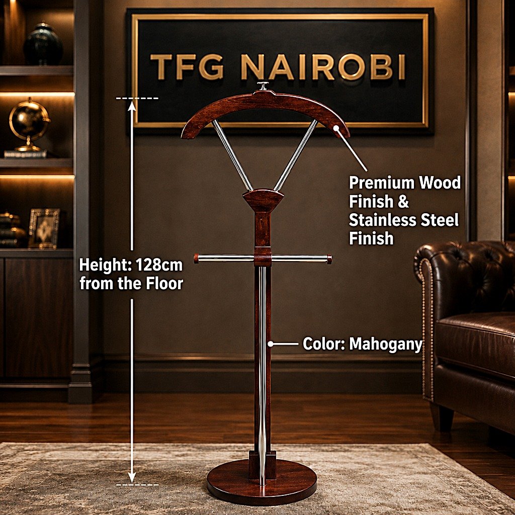 Royal Executive Suit Valet Stand Infographic - Dimensions & Specifications Infographic diagram of the Royal Executive Suit Valet Stand in Mahogany color showing product dimensions of 128cm height from the floor, premium wood and stainless steel finish at TFG Nairobi in Kitisuru, Mwamuto, Nairobi.