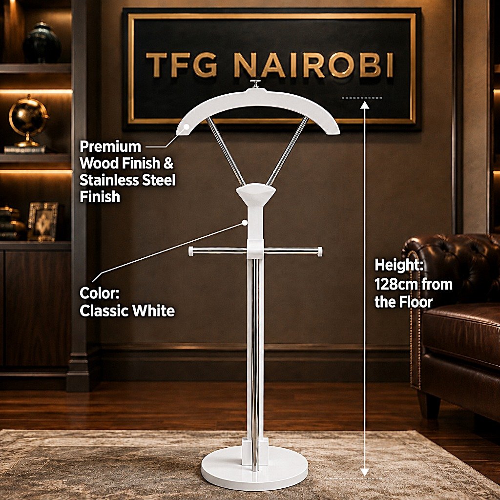 Royal Executive Suit Valet Stand Infographic - White Dimensions Infographic diagram of the Royal Executive Suit Valet Stand in Classic White color highlighting product dimensions of 128cm height from the floor, premium wood and stainless steel finish at TFG Nairobi in Kitisuru, Mwamuto, Nairobi.