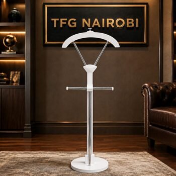 Royal Executive Wooden Suit Valet Stand in Luxury White finish with chrome accents displayed at a corporate office showroom in Kitisuru, Mwamuto, Nairobi.