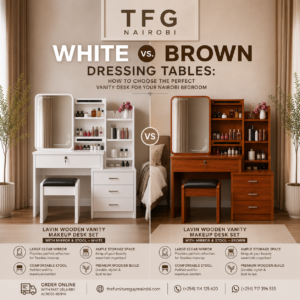 Side-by-side comparison of white vs brown dressing table models showing the Lavin Wooden Vanity Makeup Desk Set in crisp white and warm brown by TFG Nairobi