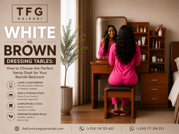 Woman applying makeup at the Lavin Brown wooden vanity desk featured in the white vs brown dressing table guide by TFG Nairobi