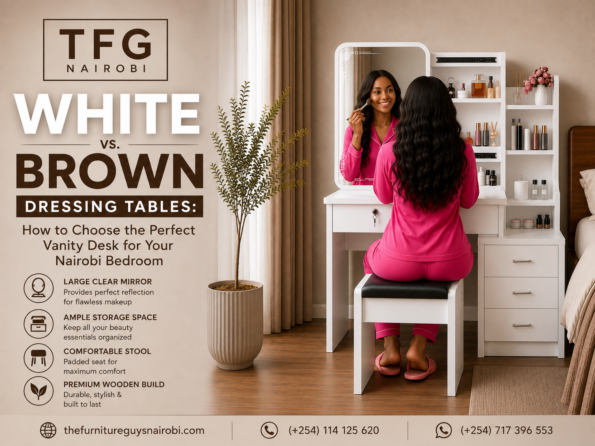 Woman applying makeup at the Lavin White vanity desk featured in the white vs brown dressing table comparison guide by TFG Nairobi